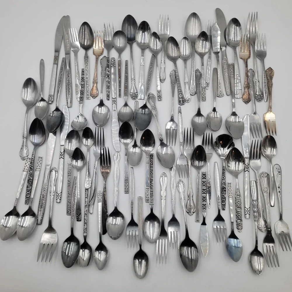 76pc Mixed Stainless Flatware Lot Floral Mismatched Bulk Silverware Crafts